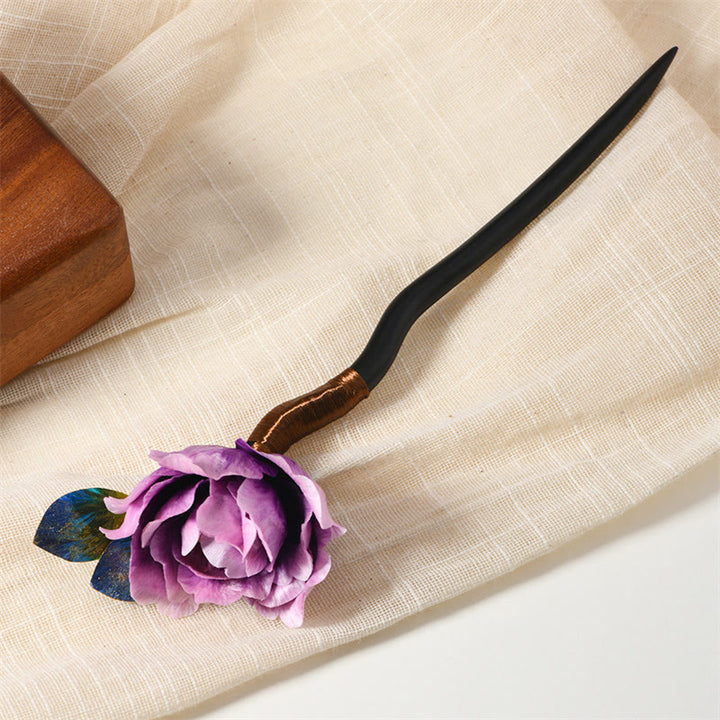 Buddha Stones Intangible Cultural Heritage Craft Ebony Wood Silk Flower Butterfly Pearl Blessing Hairpin