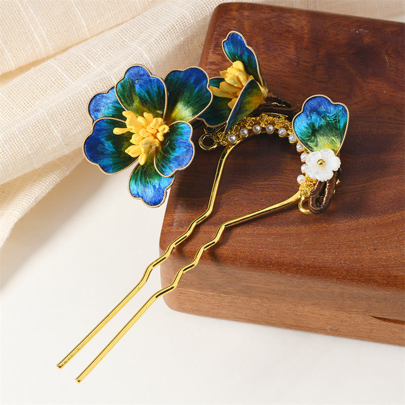 Buddha Stones Intangible Cultural Heritage Craft Ebony Wood Silk Flower Butterfly Pearl Blessing Hairpin