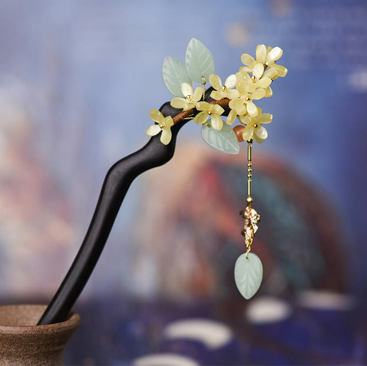 Buddha Stones Natural Ebony Wood Osmanthus Tassel Balance Hairpin