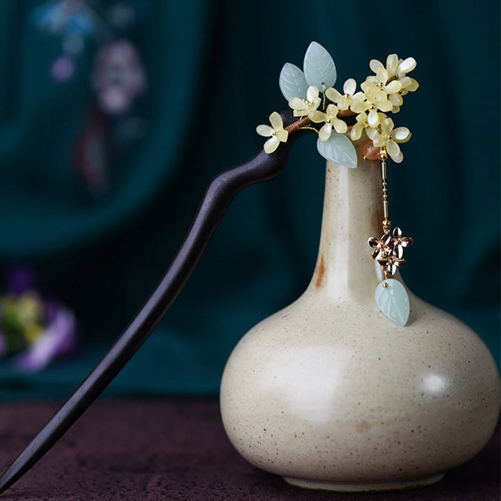 Buddha Stones Natural Ebony Wood Osmanthus Tassel Balance Hairpin