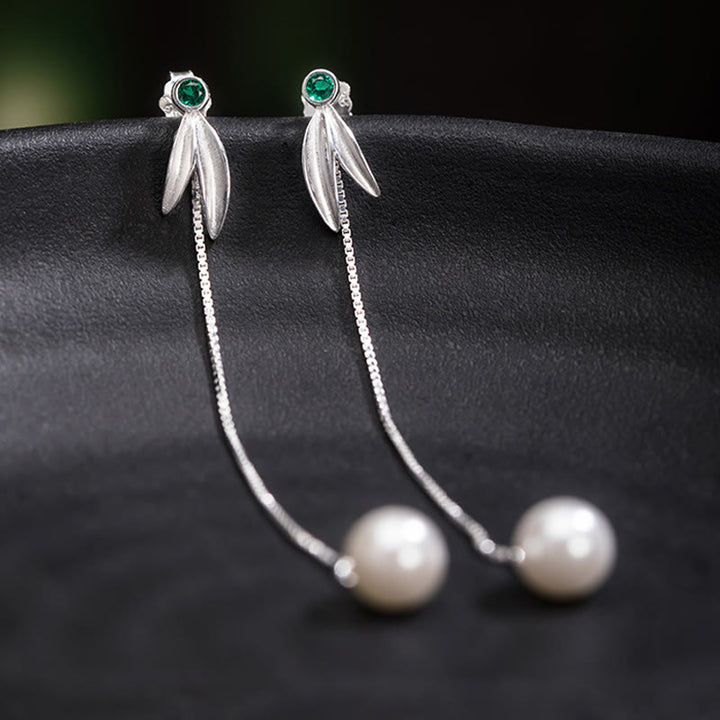 Buddha Stones 925 Sterling Silver Zircon Pearl Bamboo Leaves Protection Drop Earrings - image 2