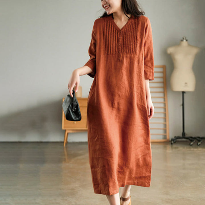 Buddha Stones Casual Plain Accordion Pleats V-neck Half Sleeve Design Linen Midi Dress With Pockets