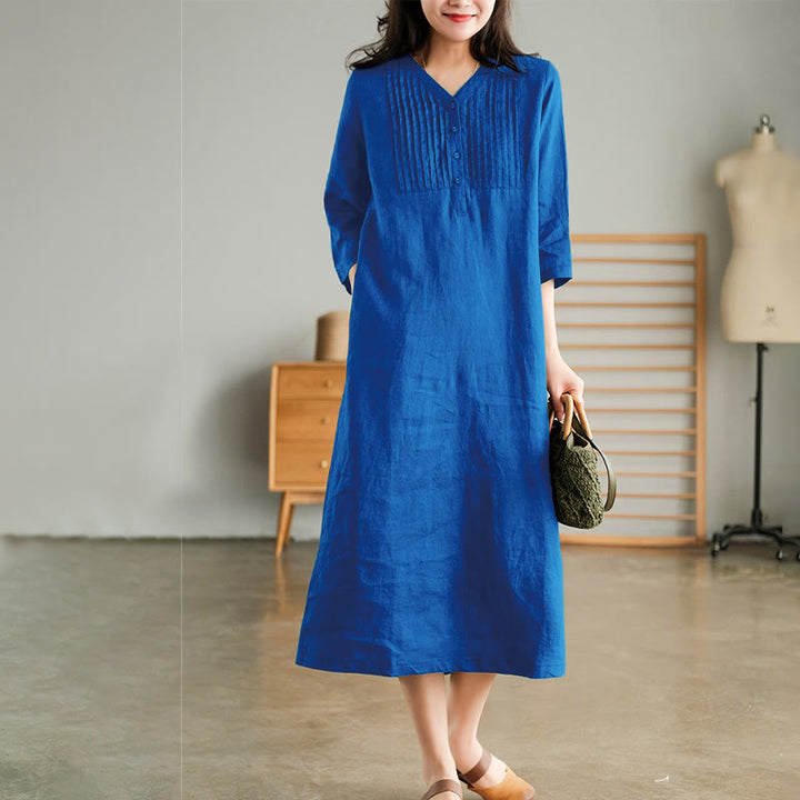 Buddha Stones Casual Plain Accordion Pleats V-neck Half Sleeve Design Cotton Linen Midi Dress With Pockets - DodgerBlue - US12，UK/AU16，EU44 (3XL) - image 5