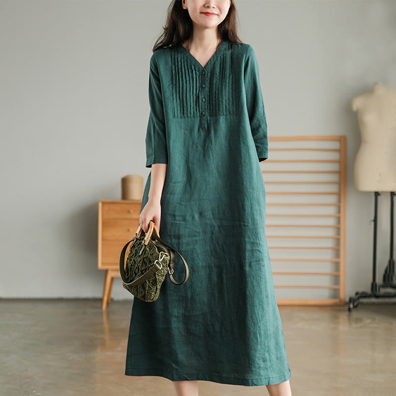 Buddha Stones Casual Plain Accordion Pleats V-neck Half Sleeve Design Linen Midi Dress With Pockets