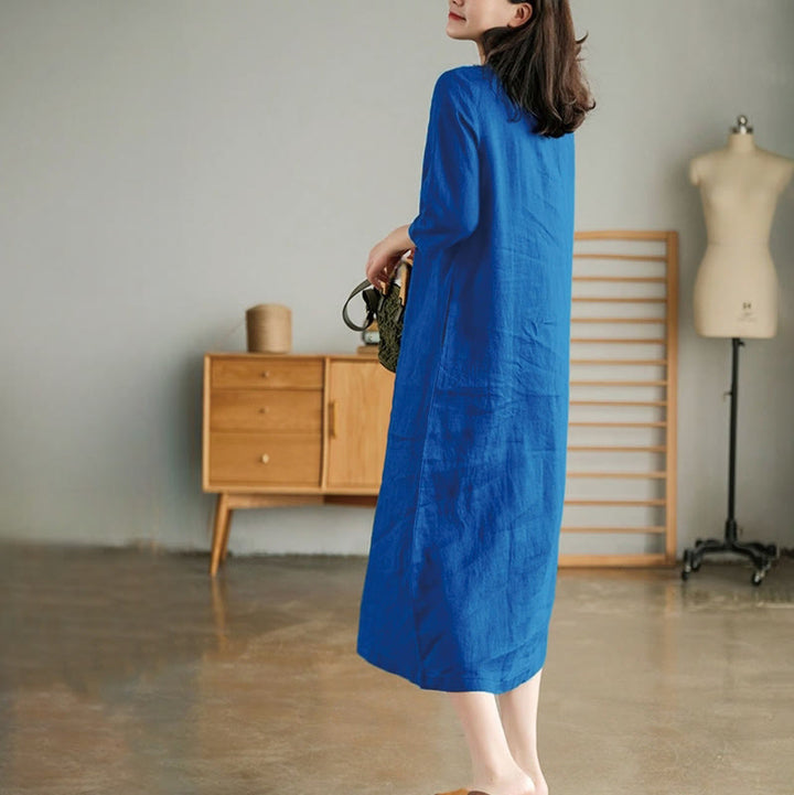 Buddha Stones Casual Plain Accordion Pleats V-neck Half Sleeve Design Cotton Linen Midi Dress With Pockets - image 6