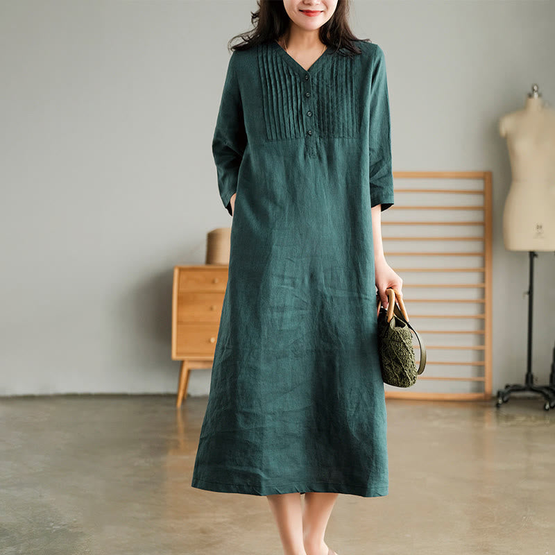 Buddha Stones Casual Plain Accordion Pleats V-neck Half Sleeve Design Cotton Linen Midi Dress With Pockets - image 2