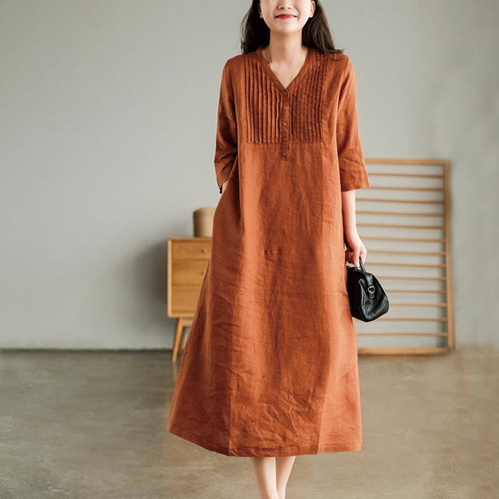 Buddha Stones Casual Plain Accordion Pleats V-neck Half Sleeve Design Cotton Linen Midi Dress With Pockets - image 10