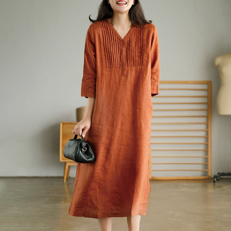 Buddha Stones Casual Plain Accordion Pleats V-neck Half Sleeve Design Linen Midi Dress With Pockets