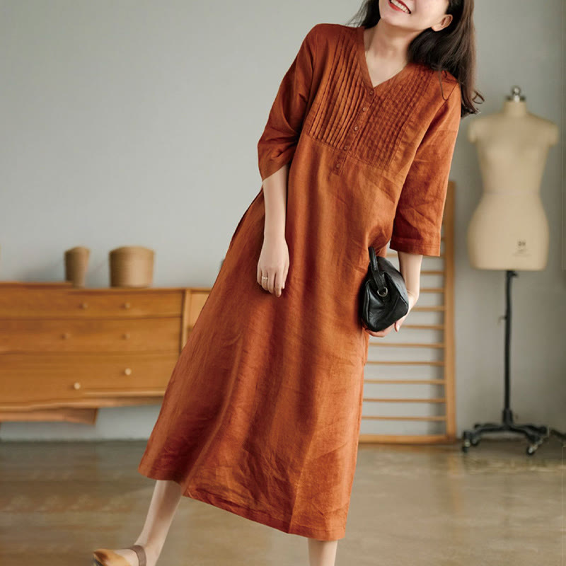 Buddha Stones Casual Plain Accordion Pleats V-neck Half Sleeve Design Cotton Linen Midi Dress With Pockets - image 9