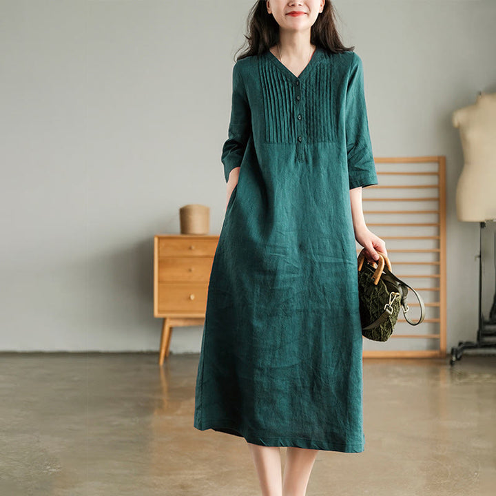 Buddha Stones Casual Plain Accordion Pleats V-neck Half Sleeve Design Linen Midi Dress With Pockets