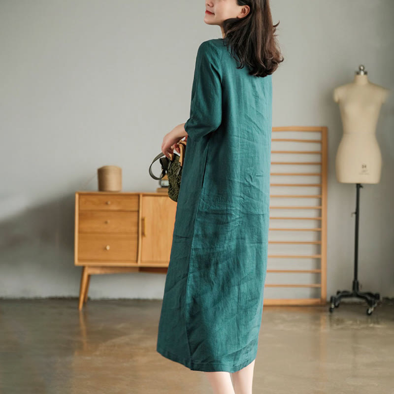 Buddha Stones Casual Plain Accordion Pleats V-neck Half Sleeve Design Cotton Linen Midi Dress With Pockets - image 4