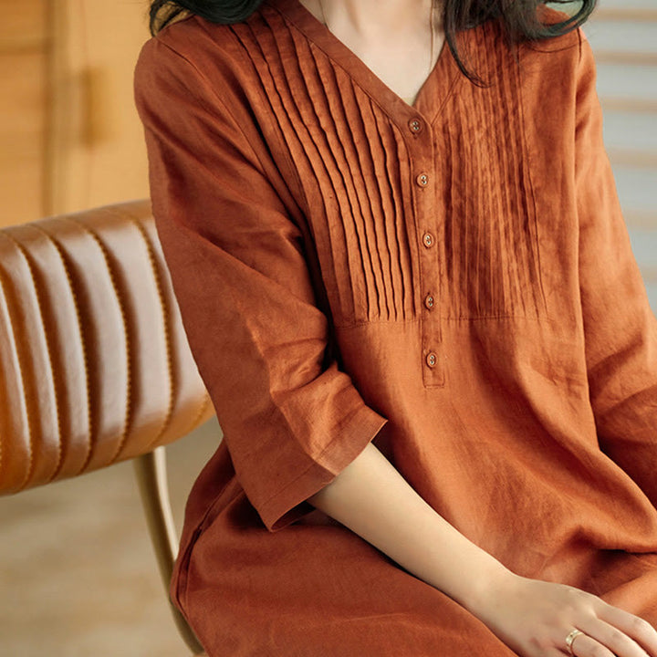 Buddha Stones Casual Plain Accordion Pleats V-neck Half Sleeve Design Cotton Linen Midi Dress With Pockets - image 13