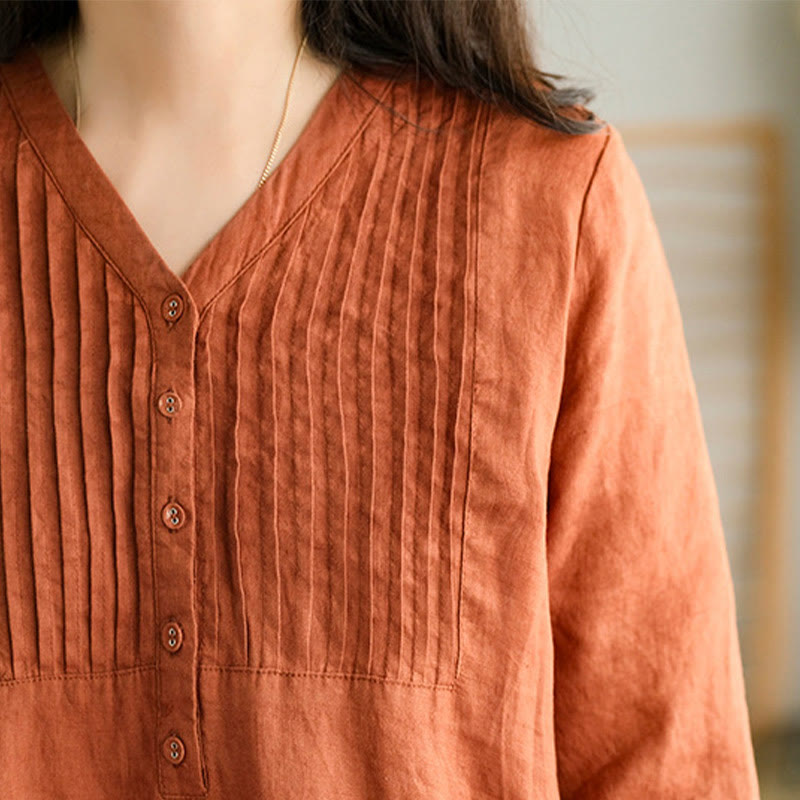 Buddha Stones Casual Plain Accordion Pleats V-neck Half Sleeve Design Cotton Linen Midi Dress With Pockets - image 14