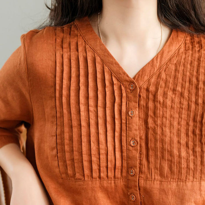 Buddha Stones Casual Plain Accordion Pleats V-neck Half Sleeve Design Cotton Linen Midi Dress With Pockets - image 11