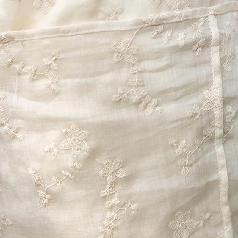 Buddha Stones Casual Embroidered Slant Collar Stand Collar Half Sleeve Design Ramie Midi Dress With Pockets - image 8