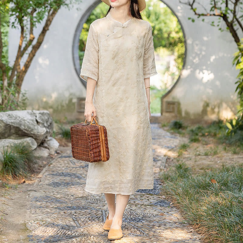 Buddha Stones Casual Embroidered Slant Collar Stand Collar Half Sleeve Design Ramie Midi Dress With Pockets