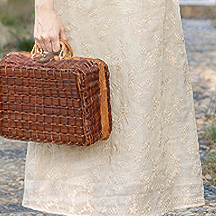 Buddha Stones Casual Embroidered Slant Collar Stand Collar Half Sleeve Design Ramie Midi Dress With Pockets - image 5