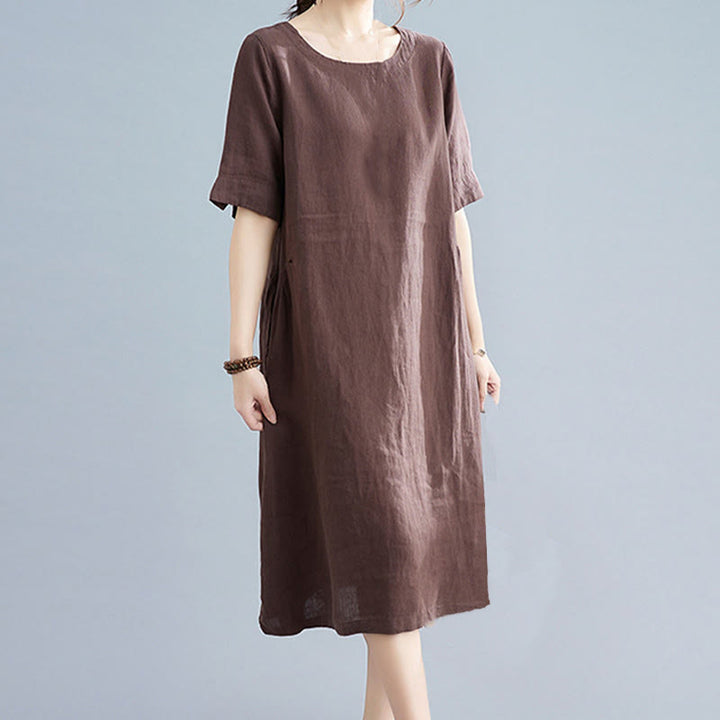 Buddha Stones Casual Loose Solid Color Cotton Linen Crew Neck Half Sleeve Design Midi Dress With Pockets