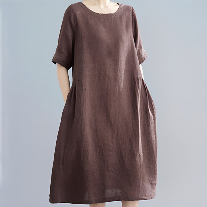 Buddha Stones Casual Loose Solid Color Cotton Linen Crew Neck Half Sleeve Design Midi Dress With Pockets - SaddleBrown - US8-10，UK/AU12-14，EU40-42 (2XL) - image 6