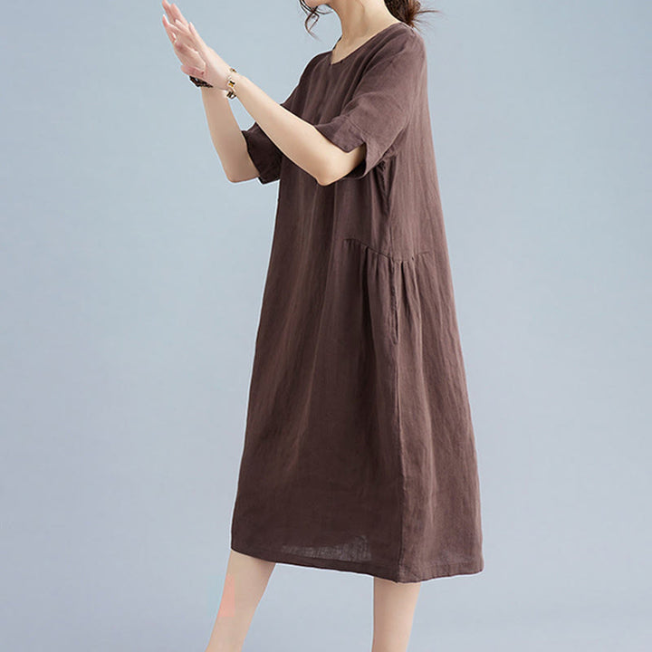 Buddha Stones Casual Loose Solid Color Cotton Linen Crew Neck Half Sleeve Design Midi Dress With Pockets - image 11