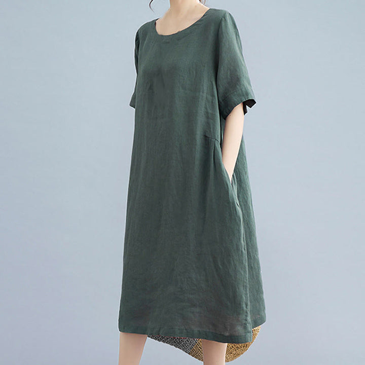 Buddha Stones Casual Loose Solid Color Cotton Linen Crew Neck Half Sleeve Design Midi Dress With Pockets