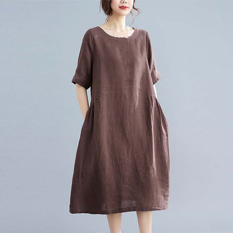 Buddha Stones Casual Loose Solid Color Cotton Linen Crew Neck Half Sleeve Design Midi Dress With Pockets