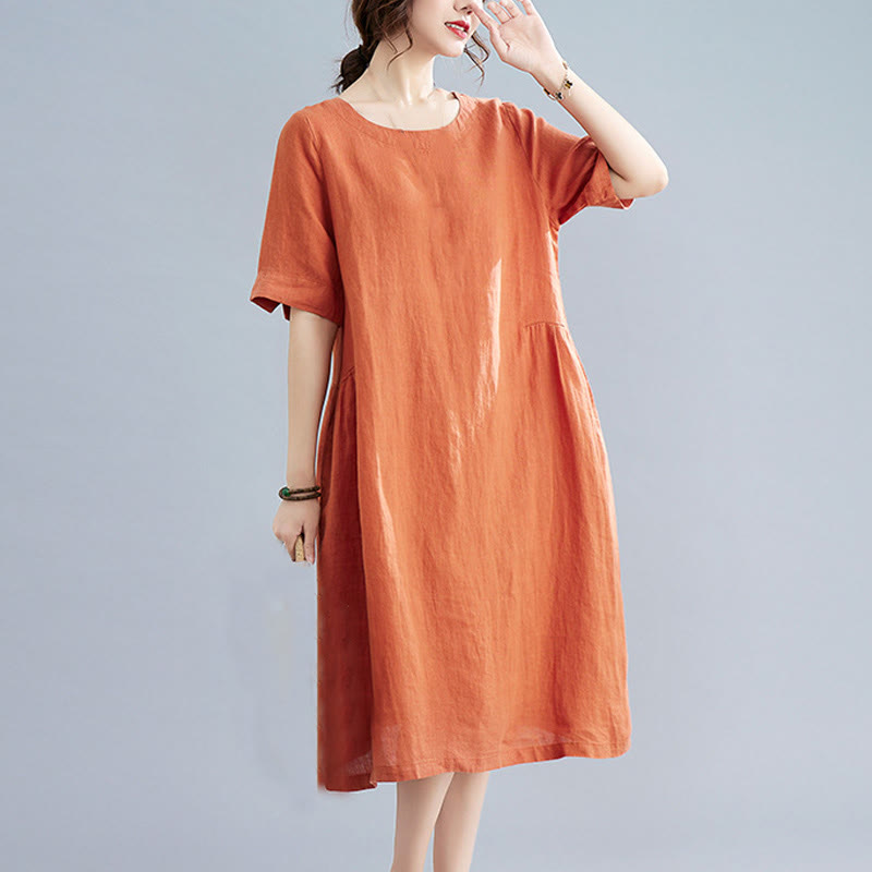 Buddha Stones Casual Loose Solid Color Cotton Linen Crew Neck Half Sleeve Design Midi Dress With Pockets - Coral - US8-10，UK/AU12-14，EU40-42 (2XL) - image 13
