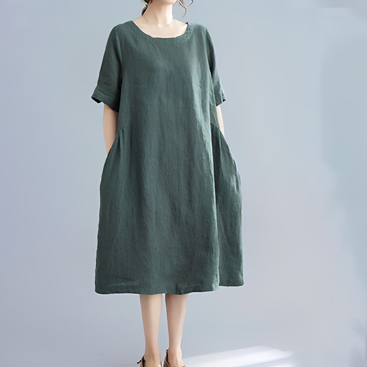 Buddha Stones Casual Loose Solid Color Cotton Linen Crew Neck Half Sleeve Design Midi Dress With Pockets