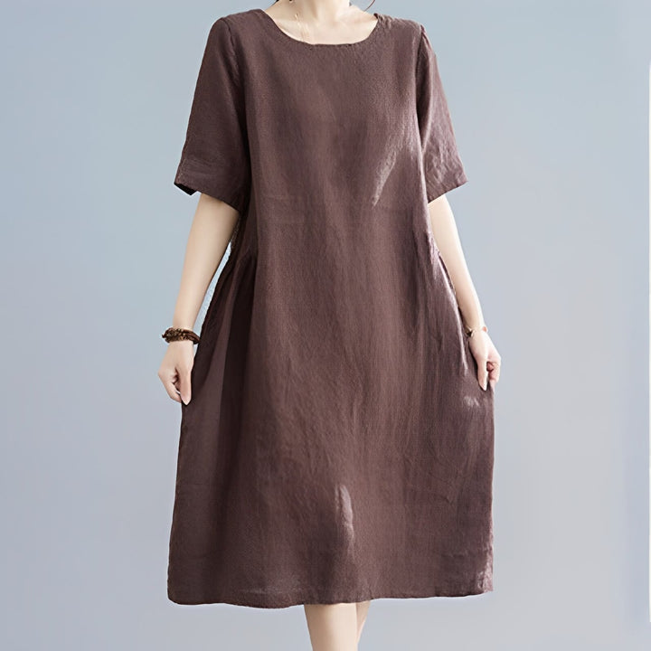 Buddha Stones Casual Loose Solid Color Cotton Linen Crew Neck Half Sleeve Design Midi Dress With Pockets - image 12