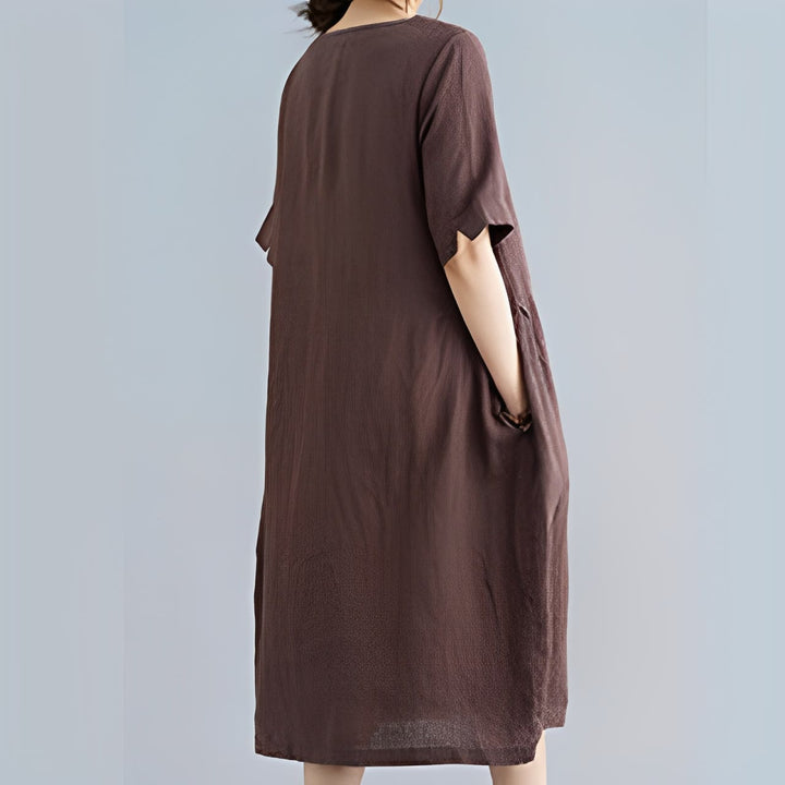 Buddha Stones Casual Loose Solid Color Cotton Linen Crew Neck Half Sleeve Design Midi Dress With Pockets - image 9