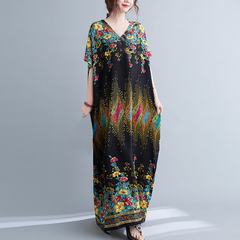 Buddha Stones Casual Loose Printing Flower Pattern V-Neck Half Sleeve Design Polyester Midi Dress With Pockets