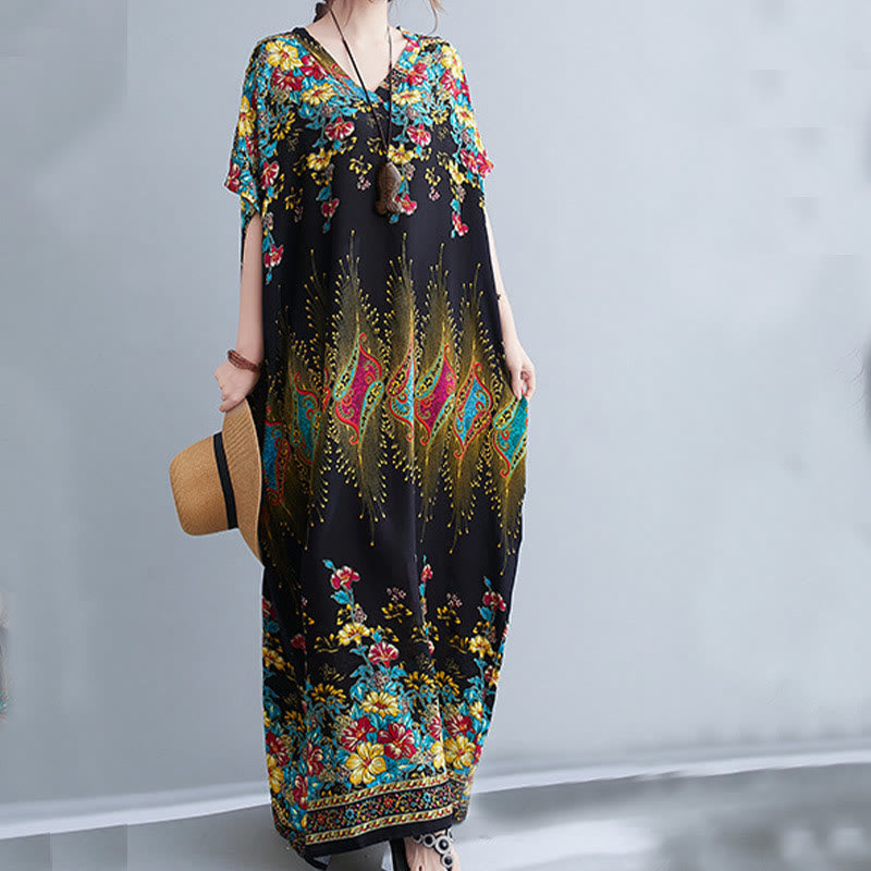 Buddha Stones Casual Loose Printing Flower Pattern V-Neck Half Sleeve Design Polyester Midi Dress With Pockets