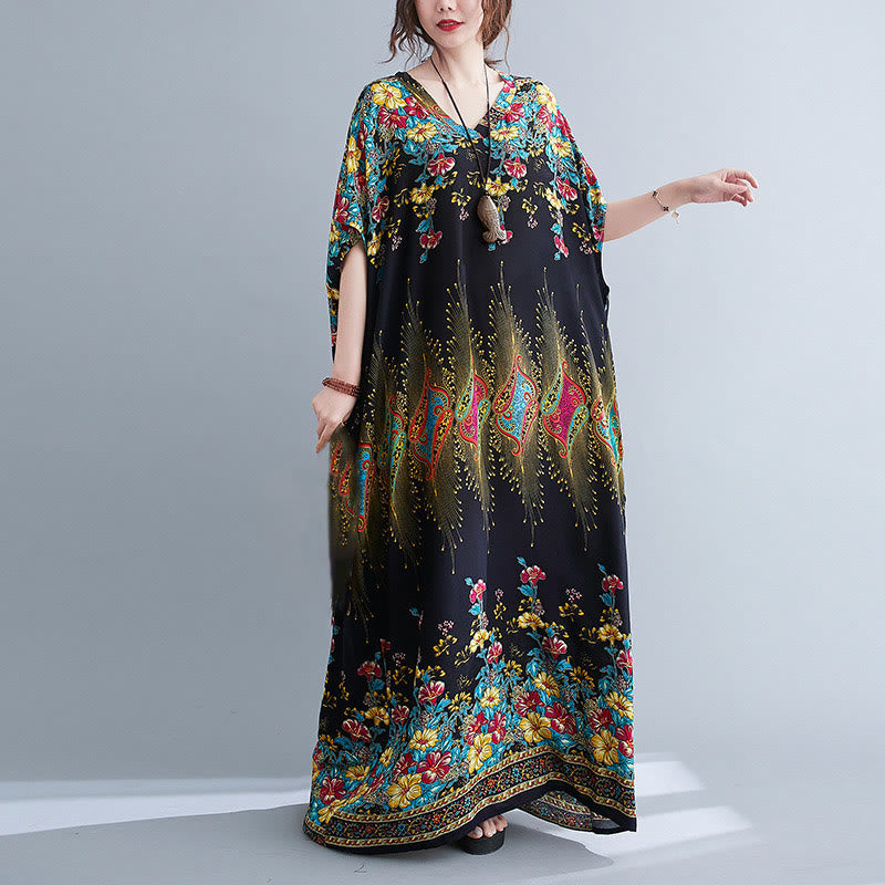 Buddha Stones Casual Loose Printing Flower Pattern V-Neck Half Sleeve Design Polyester Midi Dress With Pockets