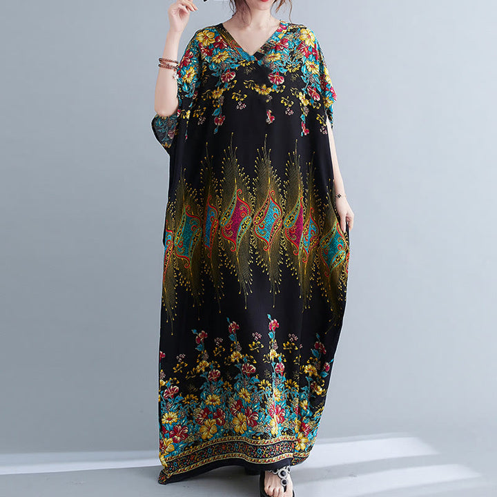 Buddha Stones Casual Loose Printing Flower Pattern V-Neck Half Sleeve Design Polyester Midi Dress With Pockets