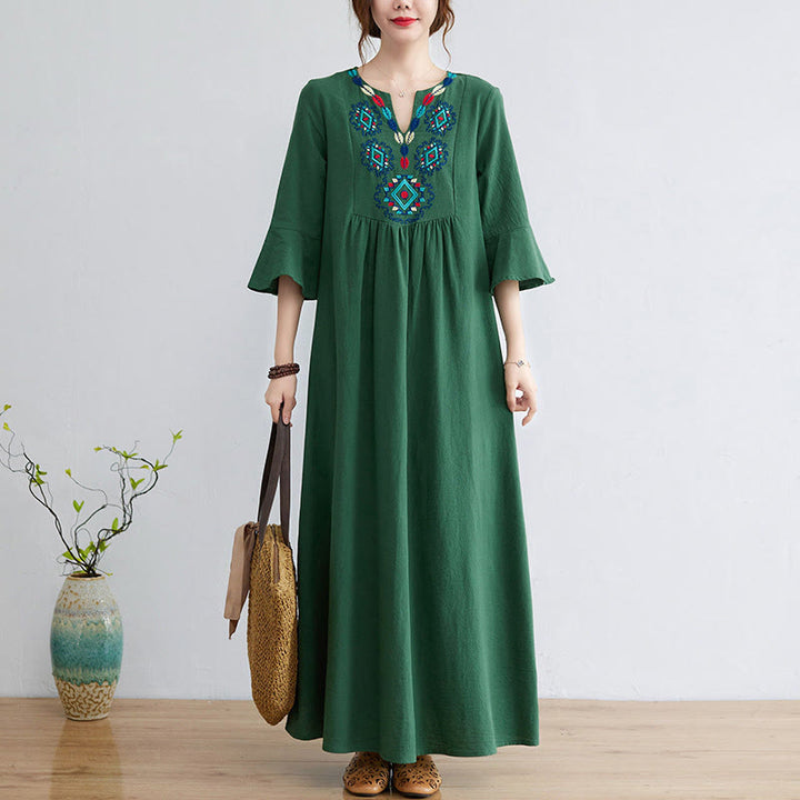 Buddha Stones Casual Embroidered Flower Pattern V-neck Three Quarter Sleeve Design Cotton Linen Midi Dress