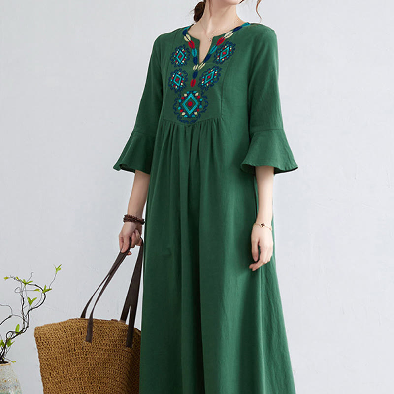 Buddha Stones Casual Embroidered Flower Pattern V-neck Three Quarter Sleeve Design Cotton Linen Midi Dress