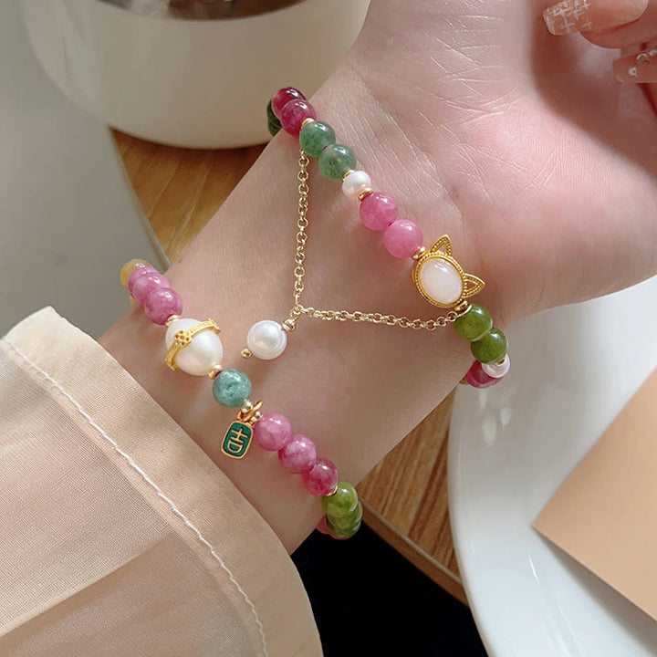 Buddha Stones Colorful Tourmaline Lucky Cat Positive Bracelet