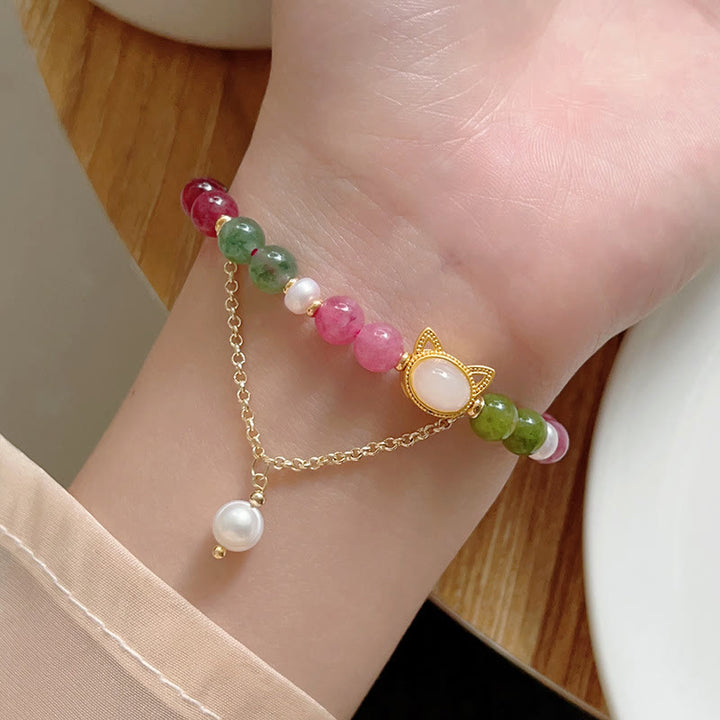 Buddha Stones Colorful Tourmaline Lucky Cat Positive Bracelet