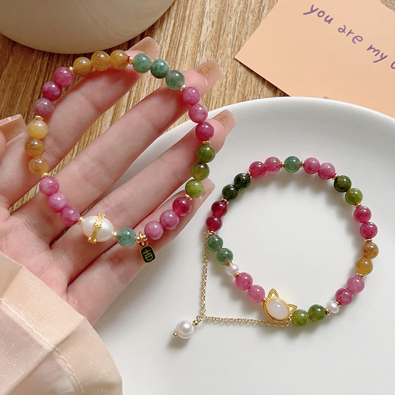 Buddha Stones Colorful Tourmaline Lucky Cat Positive Bracelet