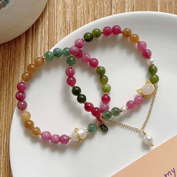 Buddha Stones Colorful Tourmaline Lucky Cat Positive Bracelet