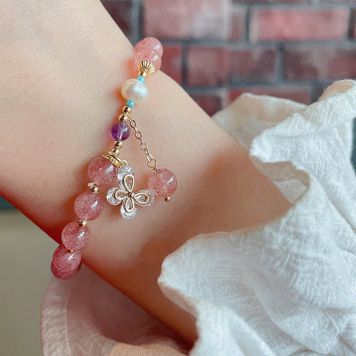 Buddha Stones Natural Strawberry Quartz Green Strawberry Quartz Butterfly Charm Love Bracelet