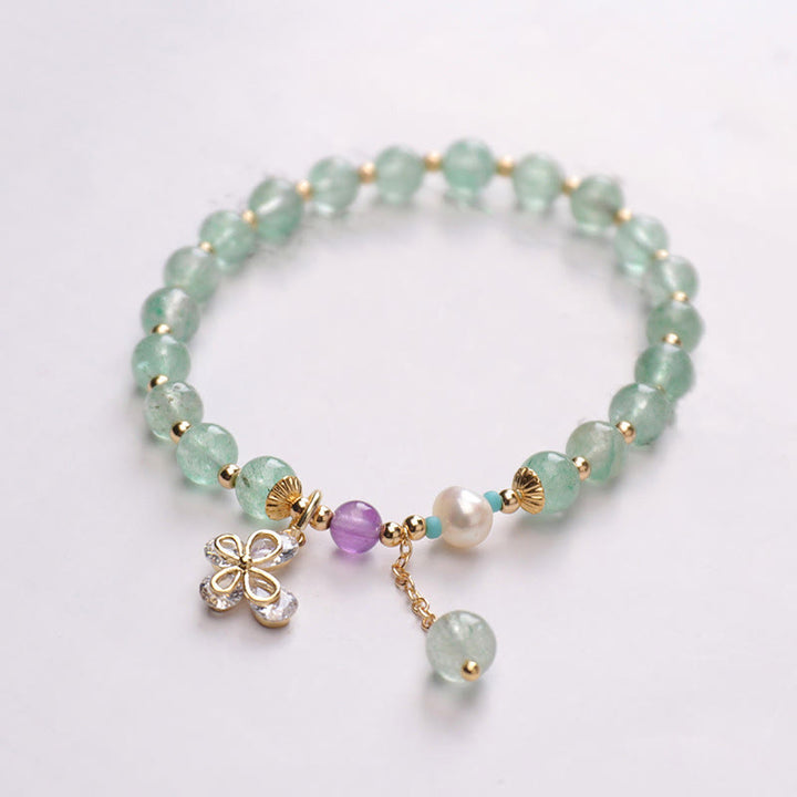 Buddha Stones Natural Strawberry Quartz Green Strawberry Quartz Butterfly Charm Love Bracelet