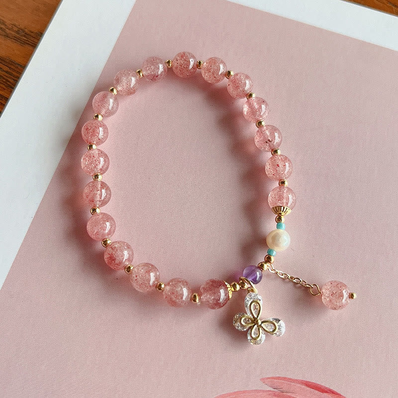 Buddha Stones Natural Strawberry Quartz Green Strawberry Quartz Butterfly Charm Love Bracelet