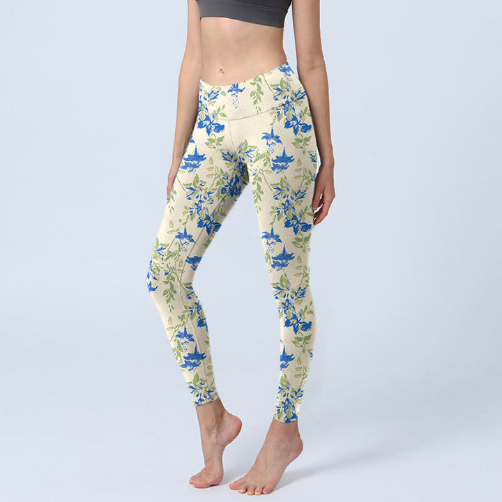 Buddha Stones Casual Dark Blue Flower Leaves Print Gym Fitness Leggings Women's Yoga Pants - Cornsilk - US18，UK/AU22，EU50 (4XL) - image 0