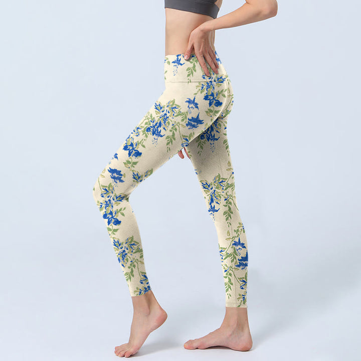 Buddha Stones Casual Dark Blue Flower Leaves Print Gym Fitness Leggings Women's Yoga Pants - image 2