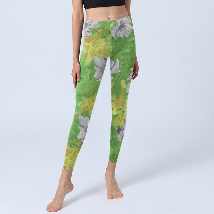 Buddha Stones Yellow-green Gray Flowers Print Sports Fitness Leggings Women's Yoga Pants - image 6