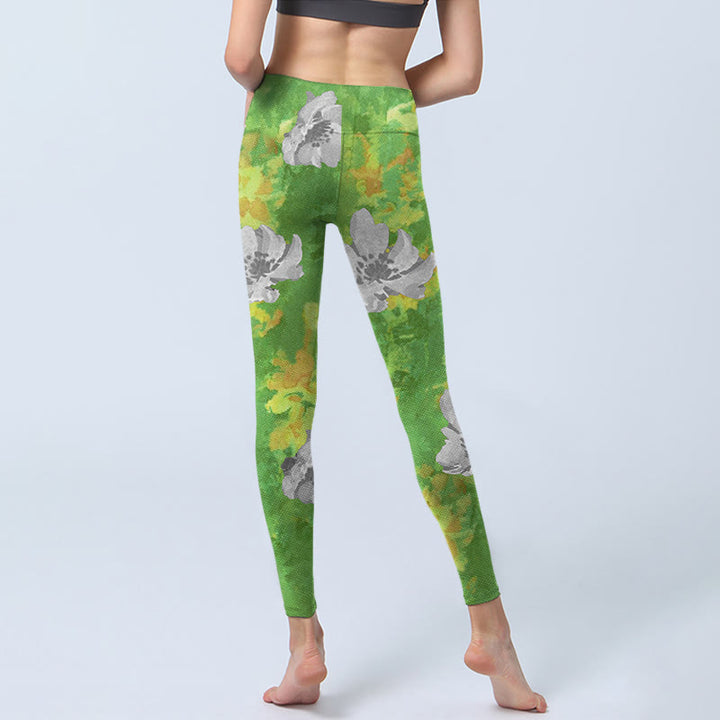Buddha Stones Yellow-green Gray Flowers Print Sports Fitness Leggings Women's Yoga Pants - image 7