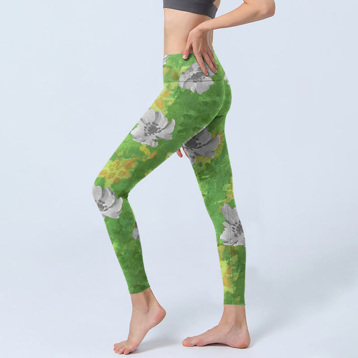 Buddha Stones Yellow-green Gray Flowers Print Sports Fitness Leggings Women's Yoga Pants - image 2