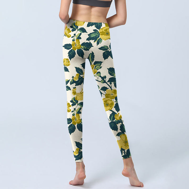 Buddha Stones Yellow Flowers Green Leaves Print Gym Fitness Leggings Women's Yoga Pants - image 6