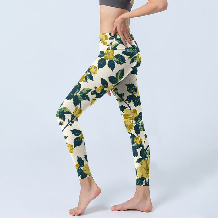 Buddha Stones Yellow Flowers Green Leaves Print Gym Fitness Leggings Women's Yoga Pants - image 2